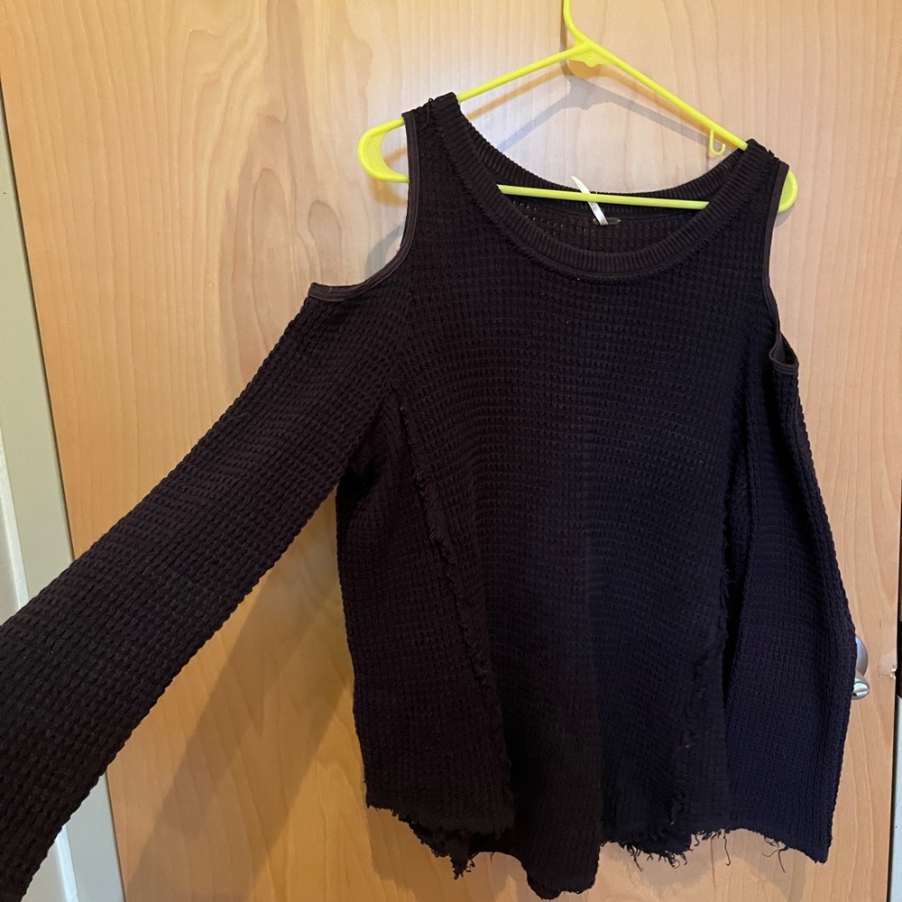 Free People Cold Shoulder Distressed Waffle Sweater